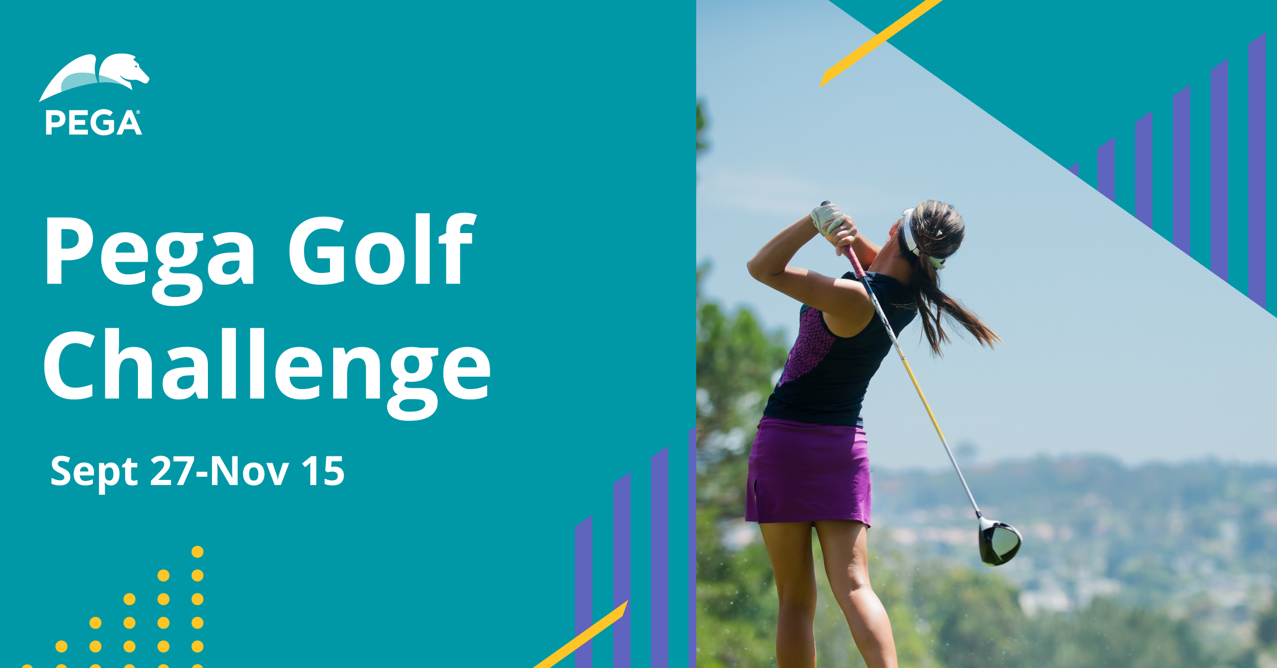 A banner announcing the Pega Golf Challenge features a woman playing golf