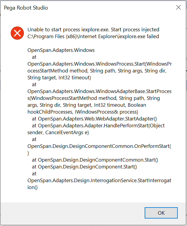Unable to start process iexplore.exe. Start process injected C:\Program Files (x86)\Internet Explorer\iexplore.exe failed