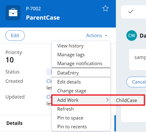 Child case creation from AddWork menu