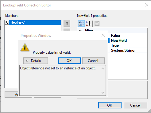 Lookup table Error Message_Object reference not set to an instance of an object.
