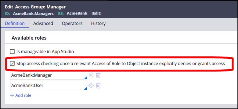 Select Stop access checking once a relevant Access of Role to Object instance explicitly denies or grants access