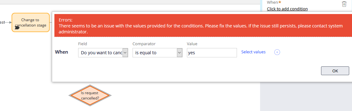 There seems to be an issue with the values provided for the condition. Please fix the values.
