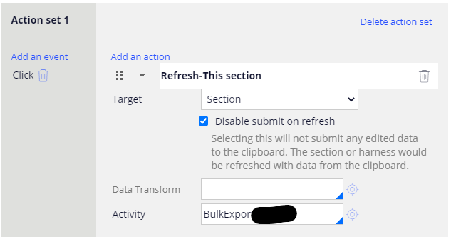 Button action set, Refresh-This section, "Disable submit on refresh" checked, activity filled in
