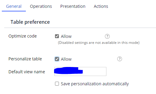 select optimize code in table configuration
